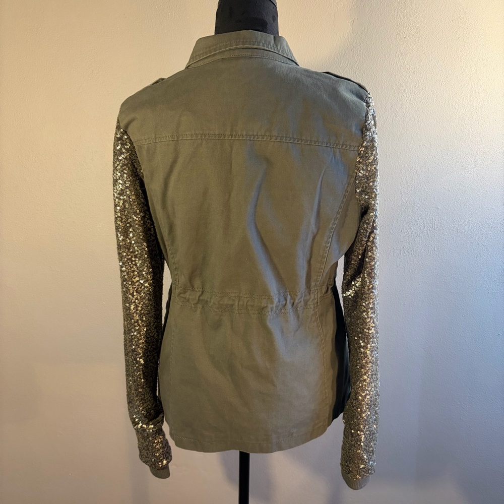 Quinn Olive Green Utility Jacket Sequin Sleeves Snap Pockets Military Anorak L - Picture 7 of 16